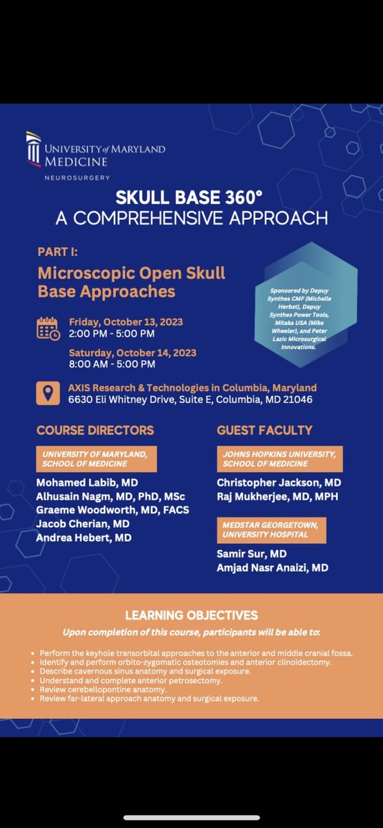 AdarshaMalla's tweet image. An incredibly fun weekend of learning about open skull base approaches! Thank you @MohamedALabibMD @NagmAlhusain @UMDNsgyChair and all the faculty and residents from @UMDNeurosurgery @HopkinsNsurg @MGUHNeurosurg for an interactive and hands-on learning experience!
