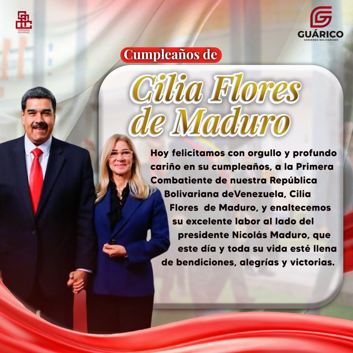 Felicitamos desde las pampas guariqueñas con profundo cariño a la primera combatiente de nuestra República Bolivariana de Venezuela <a href="/ConCiliaFlores/">Cilia Flores</a>. Desde el corazón de Venezuela enaltecemos su excelente labor al lado de nuestro Presidente <a href="/NicolasMaduro/">Nicolás Maduro</a>. ¡Bendiciones y éxitos!
