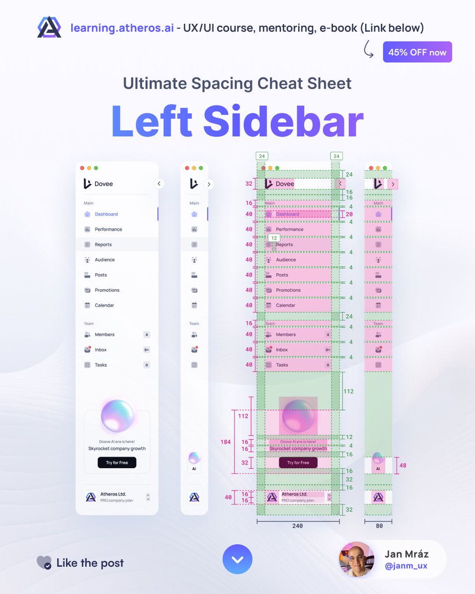 janm_uiux's tweet image. Learn UI spacing with the practical examples! Today, it&apos;s all about left-sidebar navigation. 💜