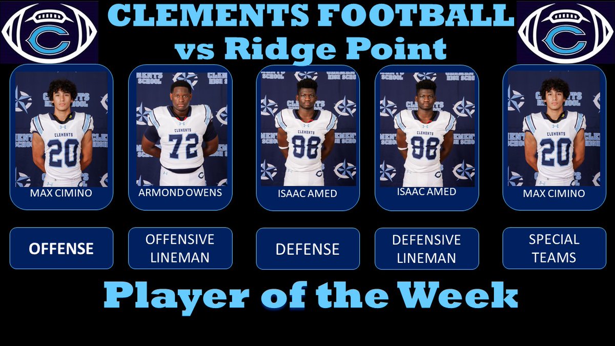 Congratulations to our Players of the Week for their performance vs Ridge Point. #LetsRide #RangerPride #HWPO #ChasingElite