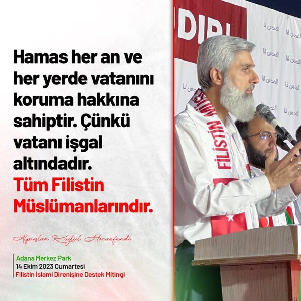 Hamas her an ve her yerde vatanını koruma hakkına sahiptir. Çünkü vatanı işgal altındadır. Tüm Filistin Müslümanlarındır. Alparslan Kuytul Hocaefendi 
#StandUpForPalestine
FurkandanFilistine Destek🇵🇸