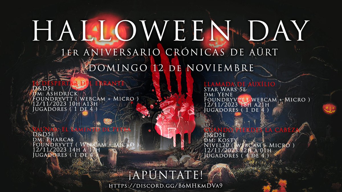📌Ese 12/11 vamos a celebrar Halloween y nuestro 1er aniversario con mucho Rol!! Y tenemos varias mesas abiertas para poder disfrutar con vosotros!! Quien quiera y le interese, apúntense a nuestro Discord; 😍discord.gg/B6MHkmDVa9