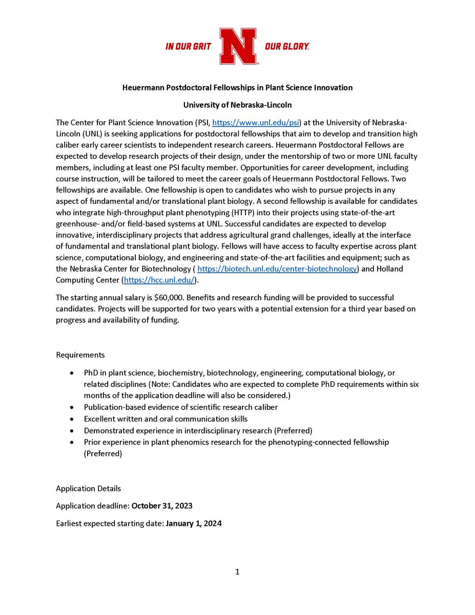 UNL_PSI's tweet photo. RT...Two weeks until application deadline for Heuermann Postdoctoral Fellowships in Plant Science Innovation. Great opportunity for high caliber early career researchers to jump start career. Oct 31 deadline. https://t.co/uc6PEFo9tg @ASPB @ASA_CSSA_SSSA https://t.co/KehZjsf4Fe