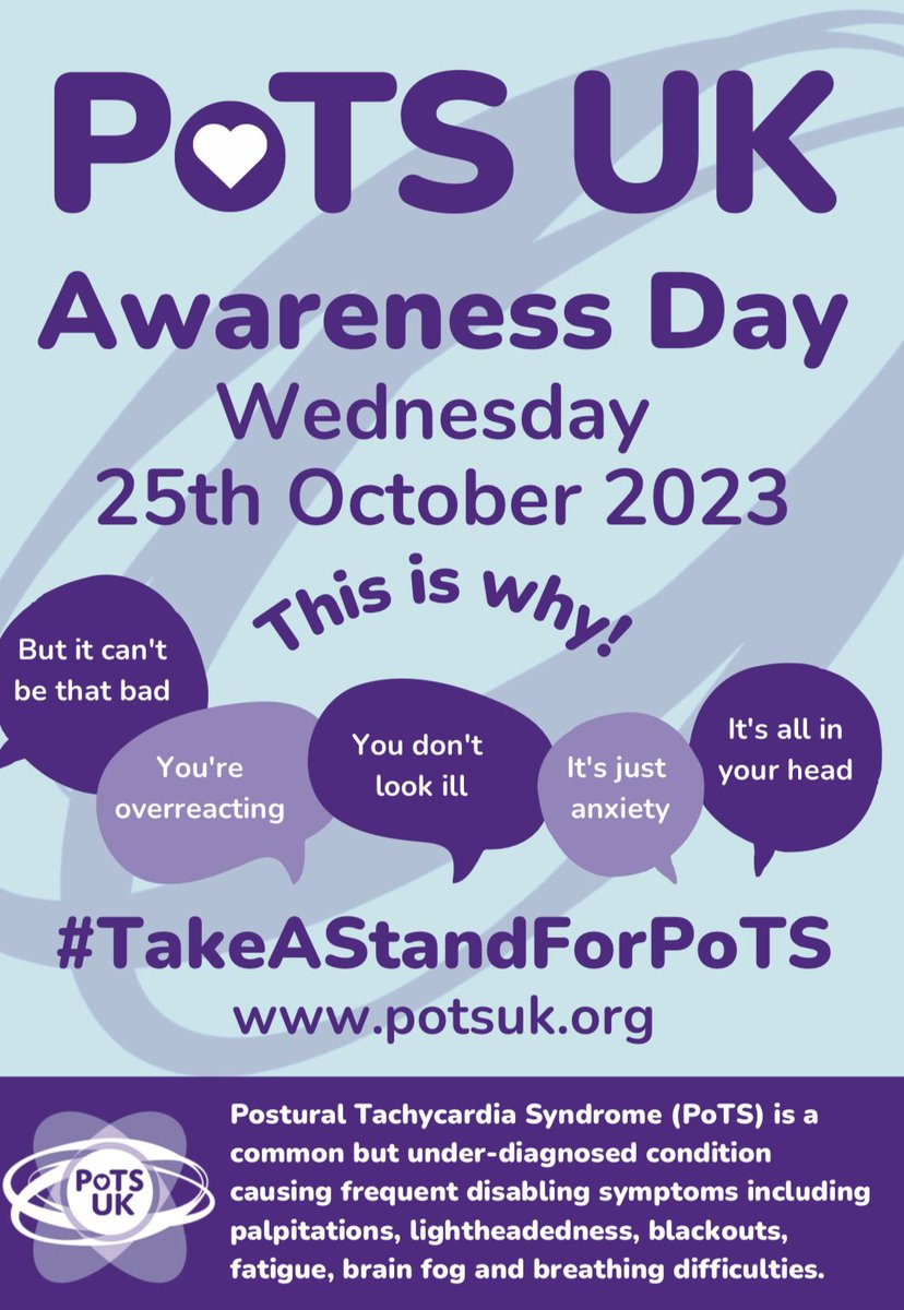 It’s just over a week until #PoTSAwarenessDay! Can you help raise awareness? We would really appreciate if you could share these posters- whether it be on here, your local Facebook groups or by printing them off & asking local pharmacies, doctors surgeries, medical…