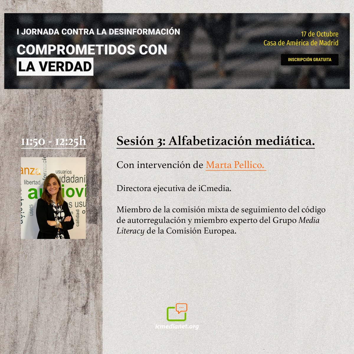 ICMEDIA (@icmedia_es) on Twitter photo Este 17 de octubre, <a href="/martapellico/">Marta Pellico</a> participará en la I Jornada contra la desinformación y la «Declaración en defensa de la calidad democrática y cultural. Contra la Desinformación» organizada por <a href="/clabe_editores/">CLABE • Asociación de Medios de Comunicación</a>. Inscripciones aún abiertas aquí: clabe.org/i-jornada-cont… Este 17 de octubre, <a href="/martapellico/">Marta Pellico</a> participará en la I Jornada contra la desinformación y la «Declaración en defensa de la calidad democrática y cultural. Contra la Desinformación» organizada por <a href="/clabe_editores/">CLABE • Asociación de Medios de Comunicación</a>. Inscripciones aún abiertas aquí: clabe.org/i-jornada-cont…