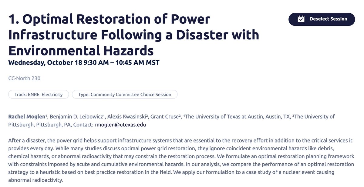 For those of you sticking around til the end of @INFORMS2023, I'll be presenting my talk "Optimal Restoration of Power Infrastructure Following a Disaster with Environmental Hazards" on Wednesday morning!