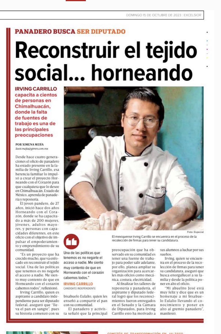Desde el oficio de panadero Irving Carillo encontró una posibilidad de ayudar a los demás. Hoy busca ser diputado independiente para ayudar a su comunidad en Chimalhuacán. Su historia en <a href="/Excelsior/">Excélsior</a>