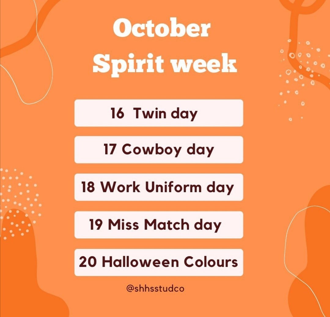 council_shhs's tweet photo. Don't forget that it's spirit week next week. Here are the themes: https://t.co/J9elVeLeT3