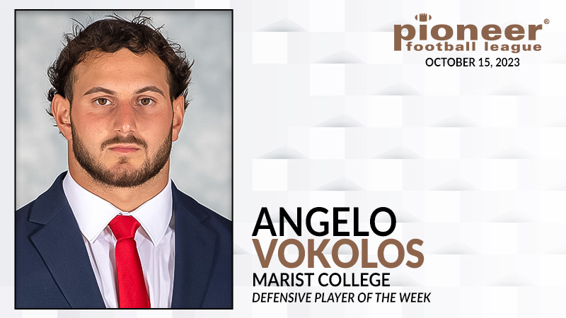 𝗣𝗙𝗟 𝗗𝗲𝗳𝗲𝗻𝘀𝗶𝘃𝗲 𝗣𝗹𝗮𝘆𝗲𝗿 𝗼𝗳 𝘁𝗵𝗲 𝗪𝗲𝗲𝗸 @Marist_Fball linebacker Angelo Vokolos had 2.5 sacks, including a strip sack, to lead a six-takeaway day by the Red Foxes' defense in a win against San Diego.