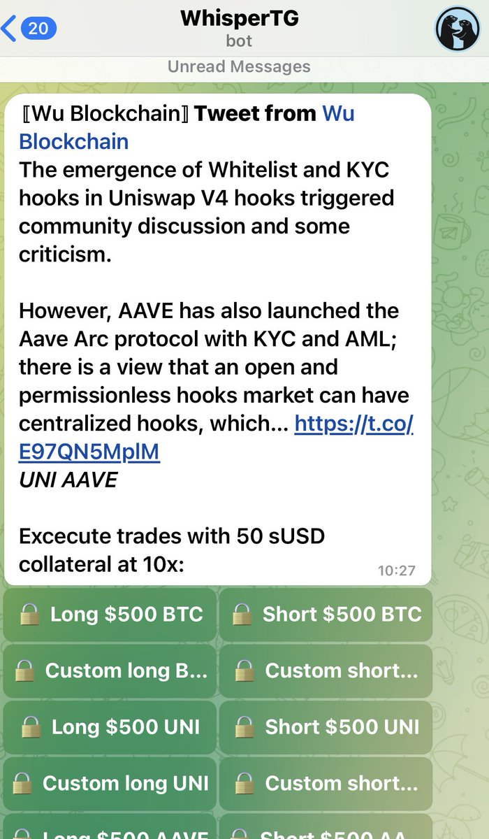 Telegram bots (tg bot) are just getting started. 

The featured offered by @WhisperTrading are revolutionary fr. 

Which CEX leverage platform will they integrate next? <a href="/Bybit_Official/">Bybit</a> or <a href="/MEXC_Official/">MEXC</a> ?

In one click I can place my long or short position based on the sentiment