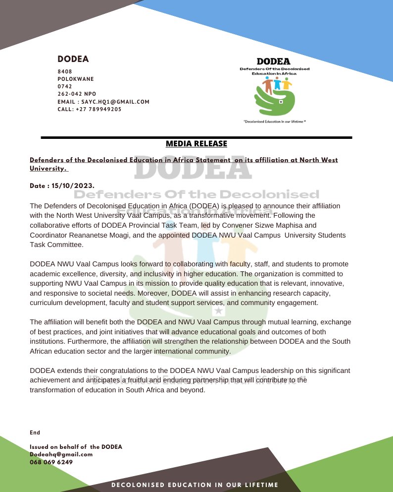 SouthCommand's tweet photo. 🎓Must Read🎓 Defenders of the Decolonised Education in Africa Statement  on its affiliation at North West University. https://t.co/KOb5p49Kvw