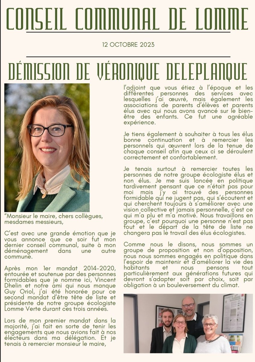 LommeVerte's tweet photo. Jeudi, lors du Conseil Communal de Lomme, notre tête de liste Véronique Deleplanque a annoncée sa démission suite à son déménagement.

Au service de l'écologie à Lomme et des lommois au conseil communal depuis près de 10 ans, nous lui disons MERCI !

Son discours de départ👇 https://t.co/HxevhHrxYD