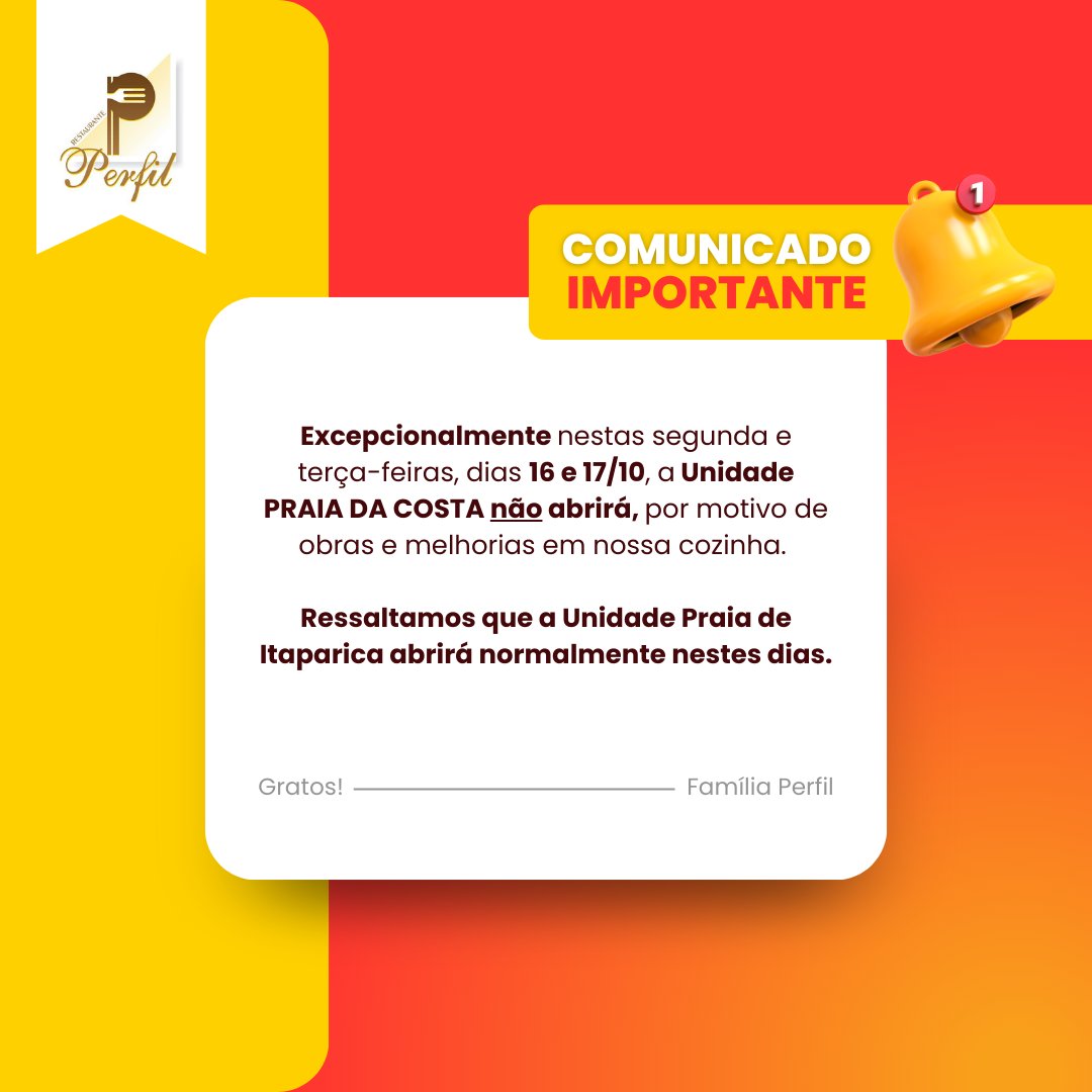 PerfilVV's tweet photo. Nesta segunda e terça-feiras, 16 e 17/10, a Unidade da PRAIA DA COSTA estará fechada por motivo de obras e melhorias.

Ressaltamos que a Unidade Praia de Itaparica abrirá NORMALMENTE nestes dias e te aguardamos para almoçar.

Agradecemos a compreensão.
Família Perfil! ❤ https://t.co/0OKLBvHKdj