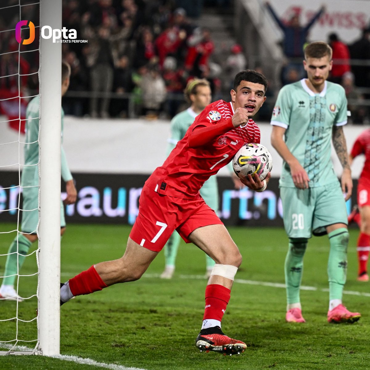 2 - Die Schweiz erzielte erstmals in ihrer Historie in sieben Länderspielen in Folge mindestens zwei Tore und traf heute auch erstmals in einer Partie zweifach nach Anbruch der 89. Minute. Moral. #SUIBLR