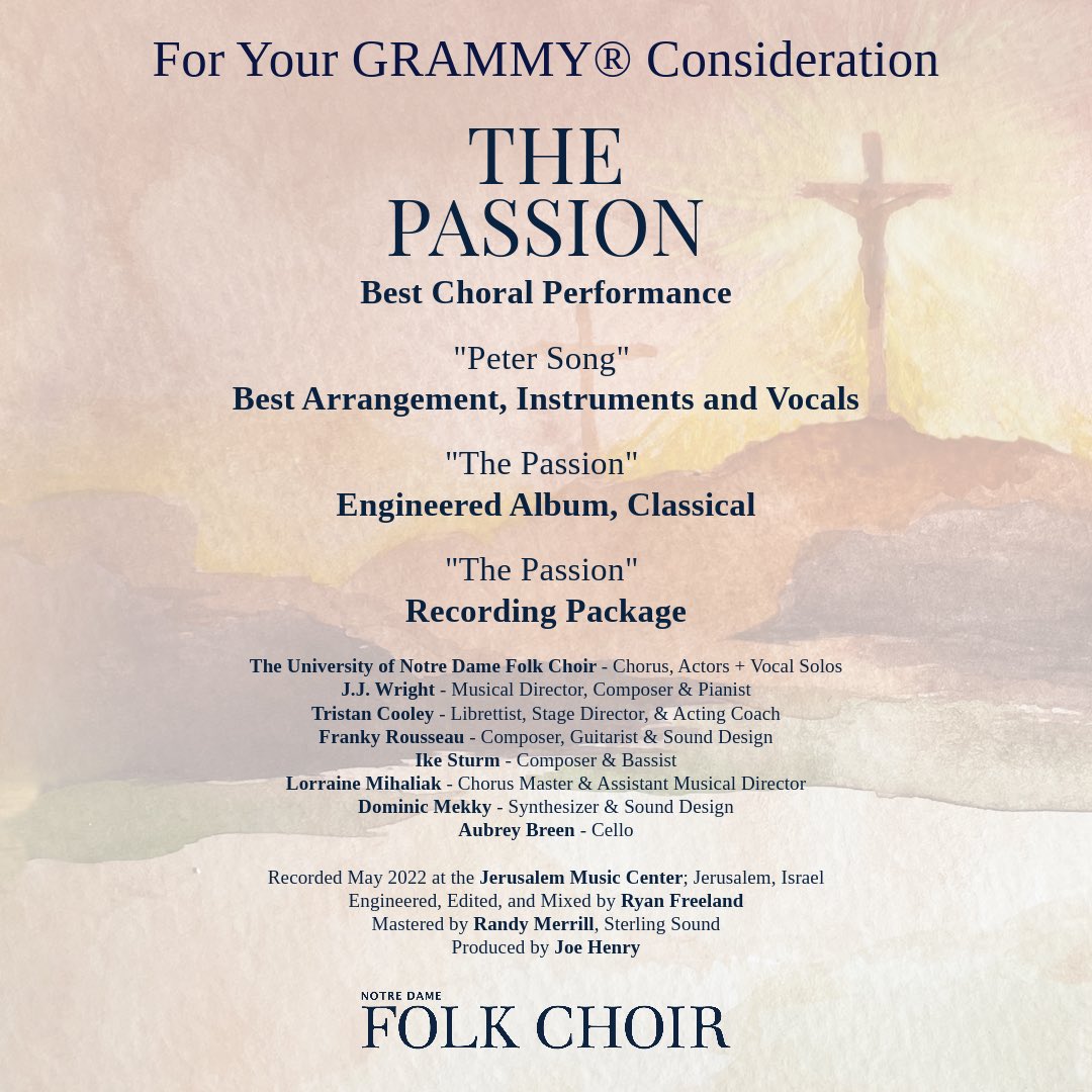 "The Passion" is up for consideration for four GRAMMY’s®:
- Best Choral Performance
- Best Arrangement, Instruments and Vocals (Peter Song)
- Engineered Album, Classical
- Recording Package
We're so proud of this album and hope you'll give it a listen: folkchoir.com