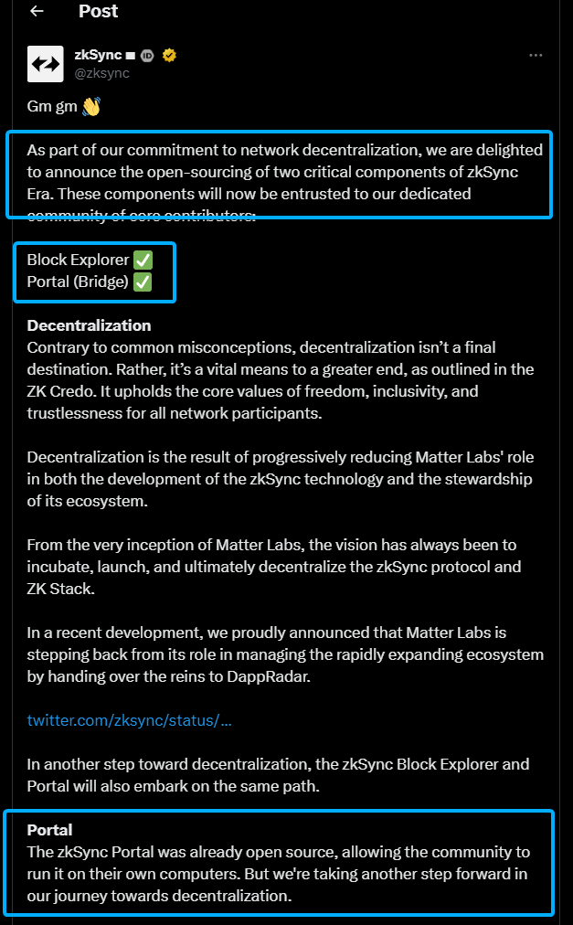 1/3

🚀 Tin thú vị, #zkSync đang trên đường tiến tới phân quyền hoàn toàn!  💎

📍4 cột mốc quan trọng đối với <a href="/zksync/">ZKsync</a> và người dùng của nó,

 -Block Explorer, đã hoàn tất ✅
 -Portal (Cầu), Xong ✅
 -Cổng thông tin hệ sinh thái, Đã xong ✅

#zkSync #zksyncEra