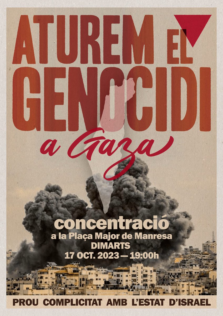 🇵🇸 A Manresa no callarem davant del genocidi a Gaza. Dimarts, omplim els carrers, inundem la ciutat de solidaritat amb #Palestina. Sempre amb la lluita dels pobles contra l’ocupant, sempre amb la vida i la llibertat! ✊🏽🇵🇸

#EndApartheid #PalestinaLliure #BoycottIsrael