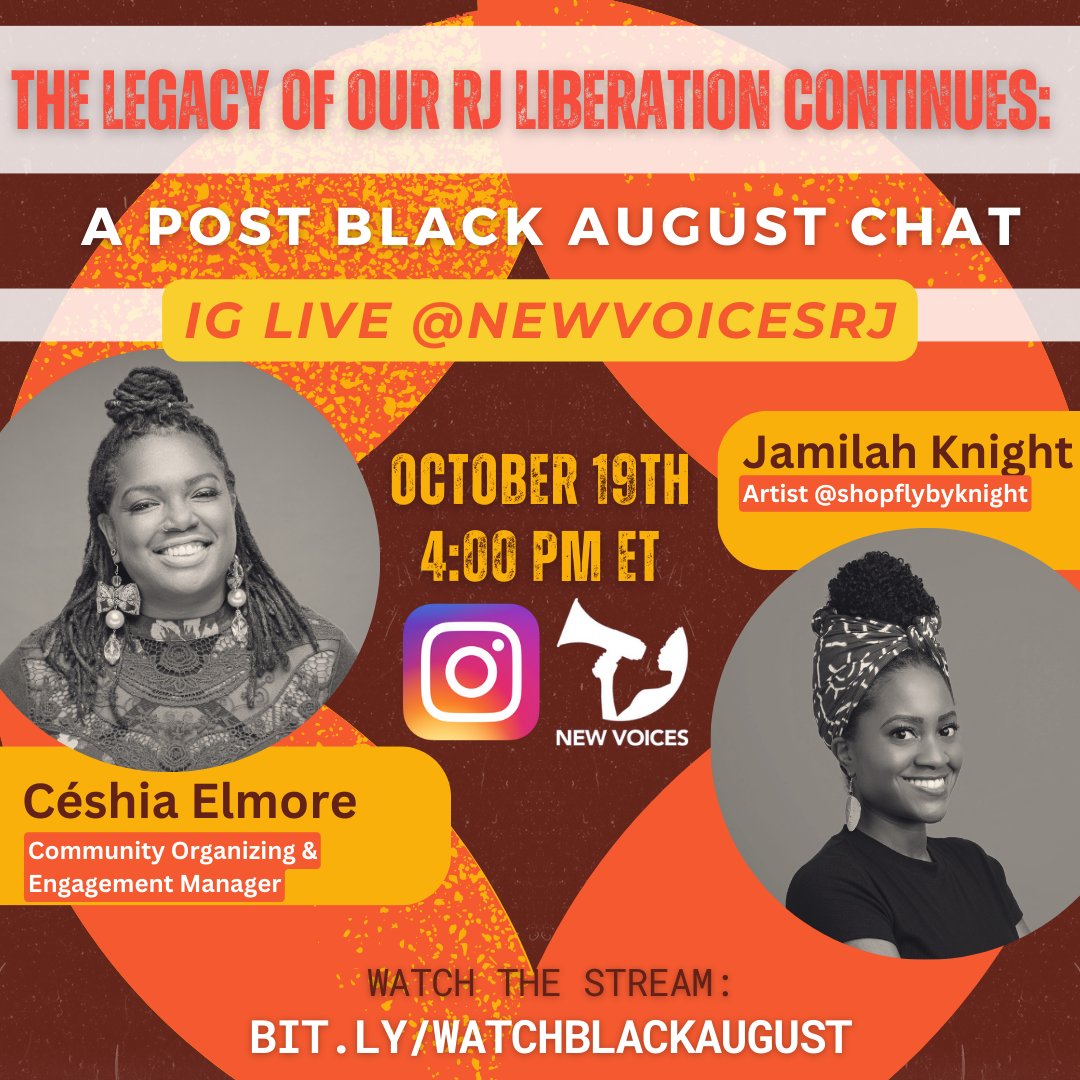 Pull up to the New Voices Instagram for a live chat on Oct 19 at 4 pm ET. We'll be chatting with activist and artist Jamilah Knight to continue the Black August conversation and announce the winner of the beautiful painting she created during our virtual Black August celebration!