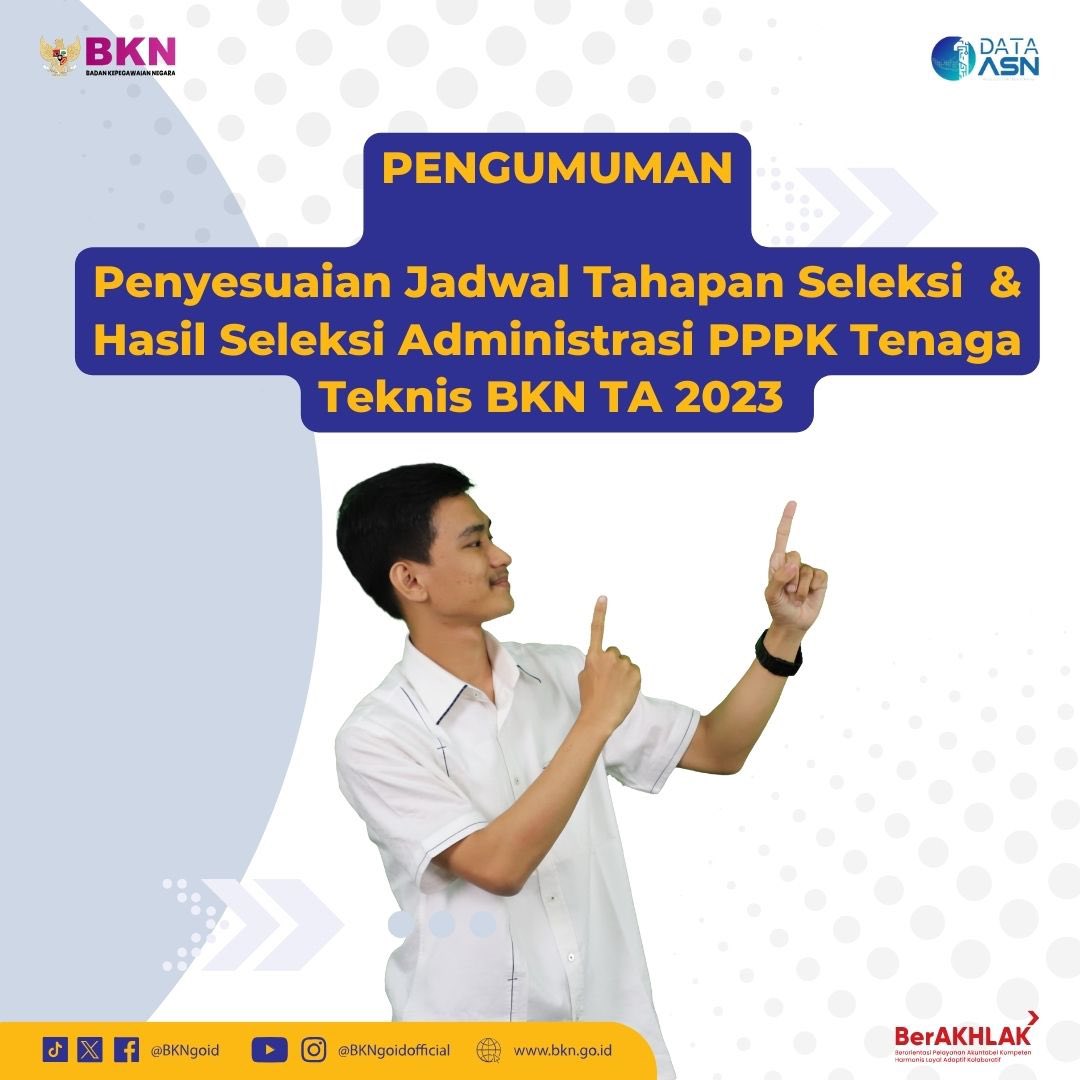 BKNgoid's tweet photo. Malam #SobatBKN, bagi kamu pelamar PPPK Tenaga Teknis BKN TA 2023, yuk baca pengumuman hasil seleksi administrasinya pada slide ke-2 ya.

#SatuDataASN
#ASNNetral https://t.co/aAQgV3cfNT