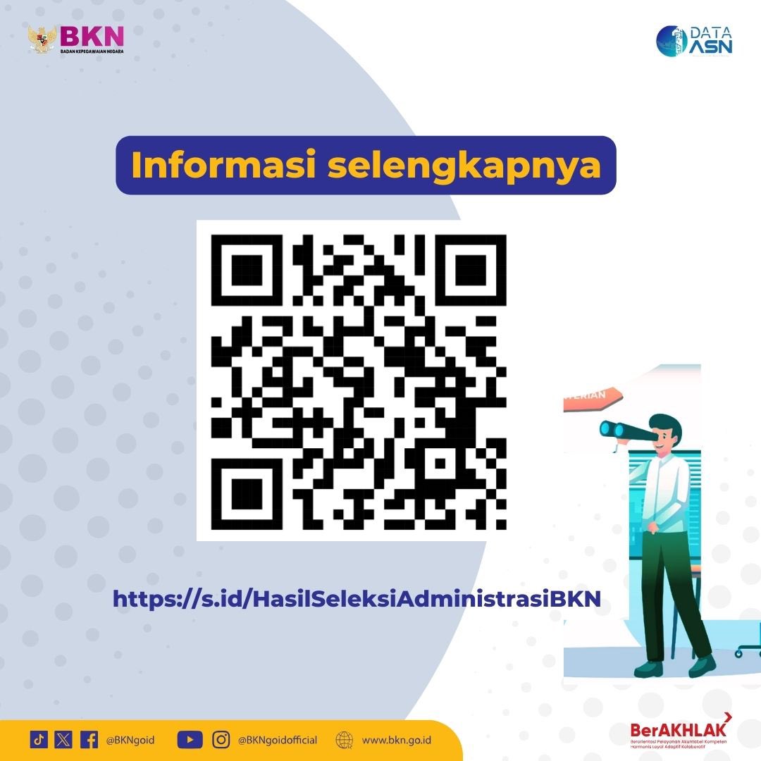 BKNgoid's tweet photo. Malam #SobatBKN, bagi kamu pelamar PPPK Tenaga Teknis BKN TA 2023, yuk baca pengumuman hasil seleksi administrasinya pada slide ke-2 ya.

#SatuDataASN
#ASNNetral https://t.co/aAQgV3cfNT