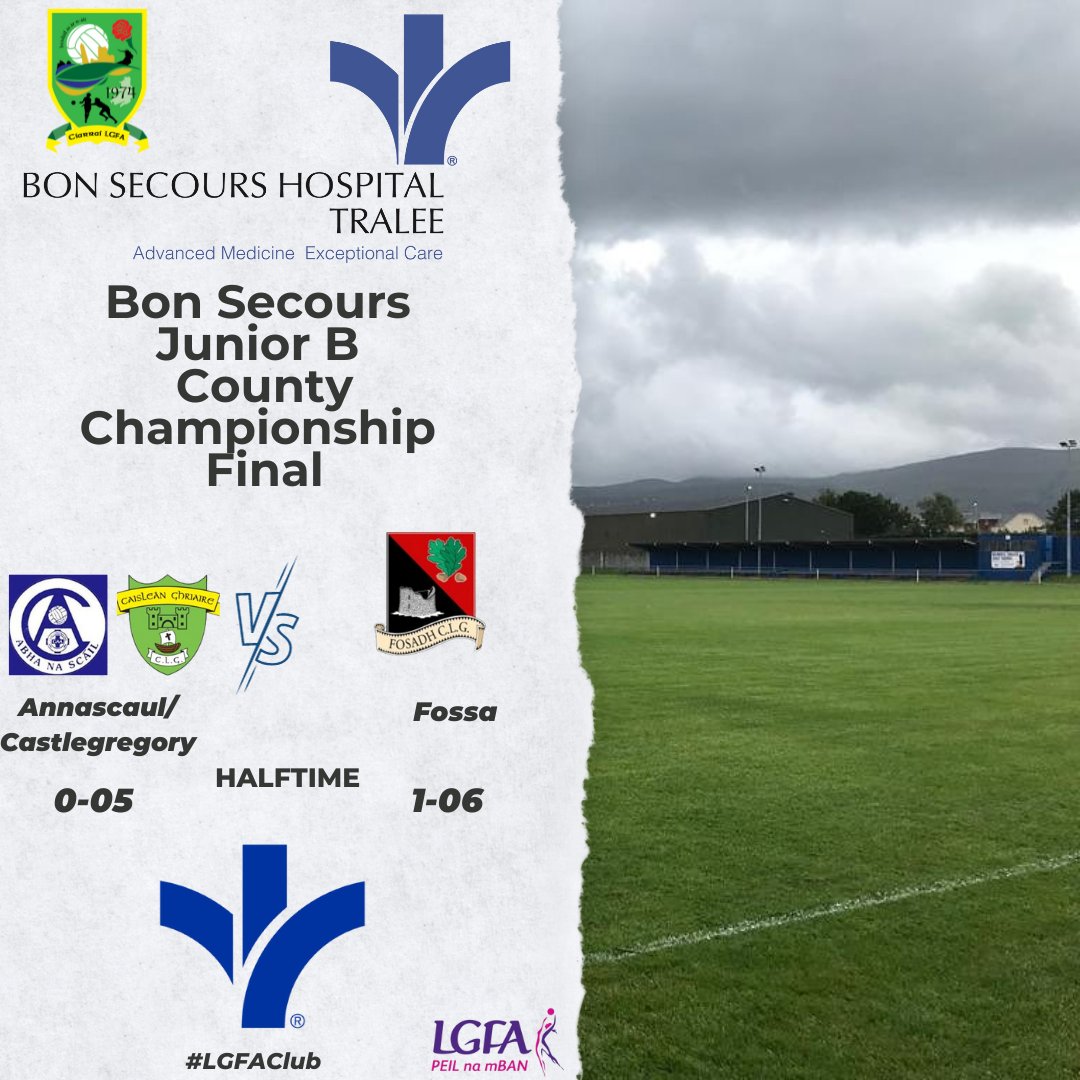 Bon Secours County Junior B Championship Final #LGFAClub <a href="/LadiesFootball/">Ladies Football</a> <a href="/MunsterLGFA/">Munster LGFA</a> <a href="/Castlegregorgaa/">Castlegregory GAA</a> <a href="/Annascaul_GAA_1/">Annascaul GAA & Coiste na nOg</a> <a href="/FossaGaa/">Fossa GAA club</a> <a href="/radiokerrysport/">Radio Kerry Sport</a> <a href="/livescorekerry/">LiveScore Ciarraí</a>
Half time