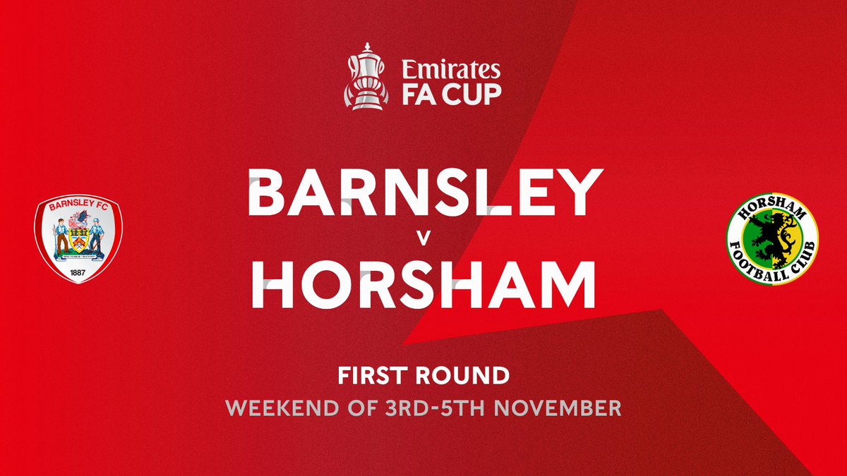 HorshamFC's tweet image. FA CUP DRAW 🏆 

We will travel to @BarnsleyFC in the First Round Proper of the #EmiratesFACup! 

Tie to be played on weekend of 3rd-5th November.