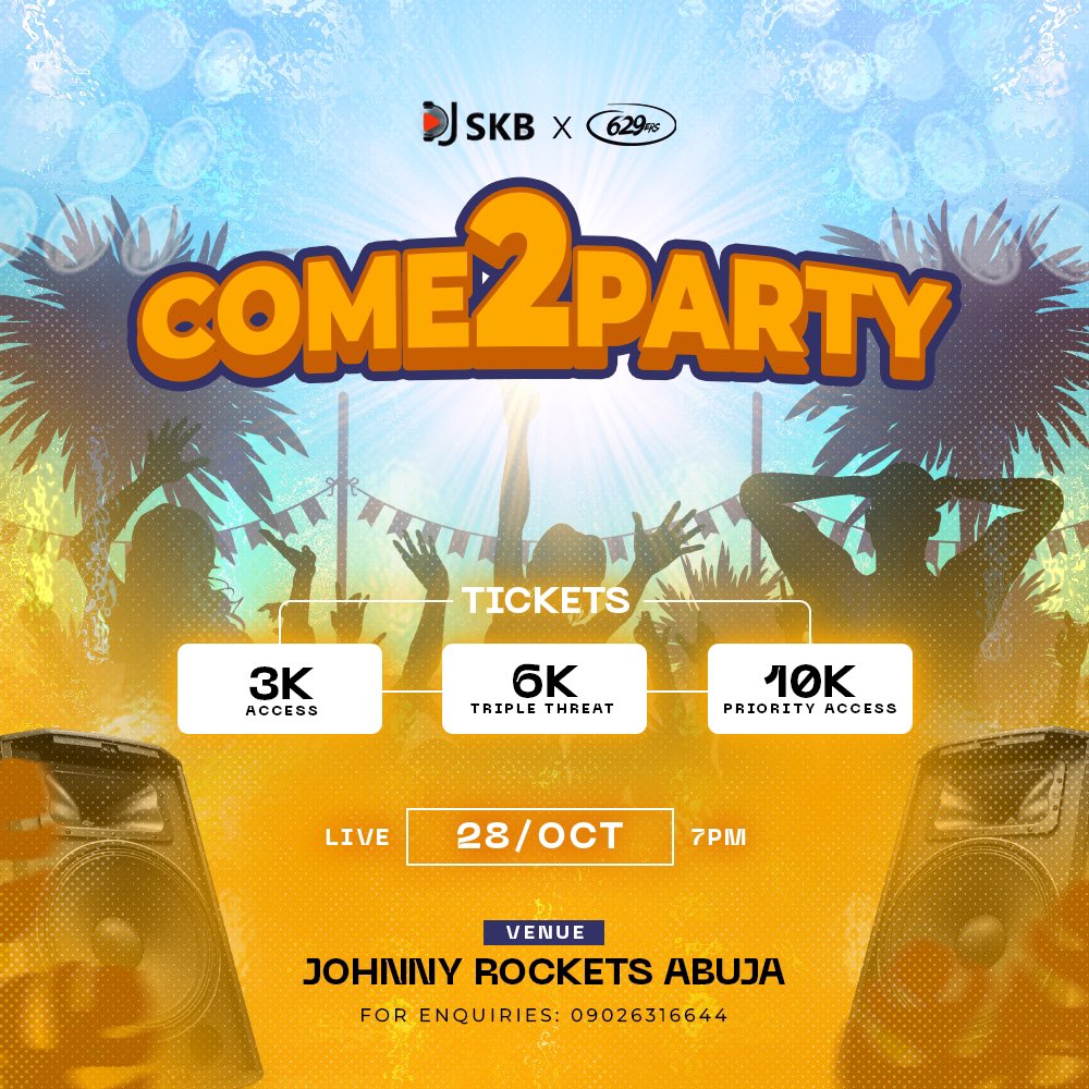 Abuja!! 
We’re bringing you a different vibe this October 🤩
Get ready to party 🎉
If you love to party, then COME2PARTY 💛
Ticket by @ibloov_official.
 Link up in bio