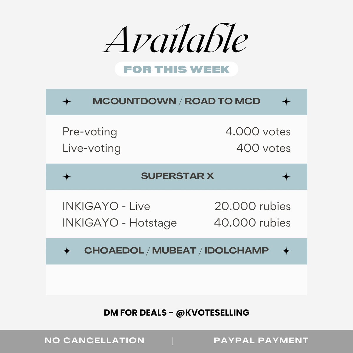 ‼️AVAILABLE FOR THIS WEEK

✨ MCOUNTDOWN / ROAD TO KCON / MAMA
- Pre-voting:  4k votes
- Live voting:  400 votes

✨INKIGAYO / HOTSTAGE

✨MUBEAT  / IDOLCHAMP / CHOEAEDOL

Dm for deals 🤍 <a href="/kvoteselling/">KPOP VOTE SELLING ✨</a>

#MCOUNTDOWN #INKIGAYO #MUBEAT #IDOLCHAMP #CHOEAEDOL #vote #KCON #MAMA