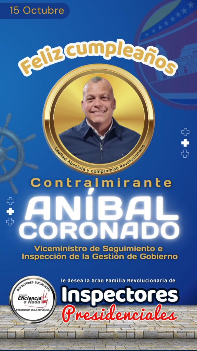 CISPMonagas's tweet photo. El @CISPresidencial en #Monagas Felicitamos a nuestro Viceministro el Contralmirante @ACoronadoVzla en su cumpleaños deseándole sabiduría para seguir conduciendo las riendas de ésta familia del #CISPR ¡Chávez Vive!
@NicolasMaduro @ACoronadoVzla @CISPresidencial https://t.co/2KXB1J83KY