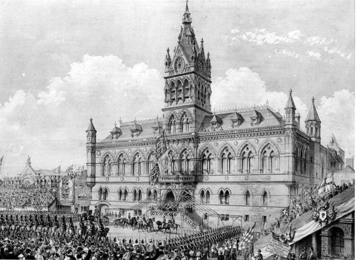 #OnThisDay in 1869 Chester Town Hall was officially opened by HRH The Prince of Wales, Earl of Chester, later King Edward VII. He was accompanied by W.E Gladstone the Prime Minister. The architect was William Henry Lynn of Belfast. The building cost £40,000 .
