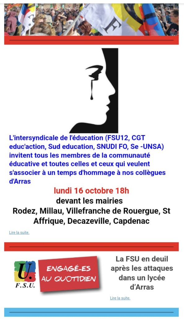 snes_aveyron's tweet photo. En hommage à Dominique Bernard assassiné à #Arras, et en mémoire de Samuel Paty, le SNES-FSU avec l’intersyndicale éducation de l'#Aveyron appelle à se rassembler ce lundi 16 octobre à 18h devant les Mairies de #rodez, #millau, #decazeville, #villefranche, #capdenac. https://t.co/eR0pDw1bN8