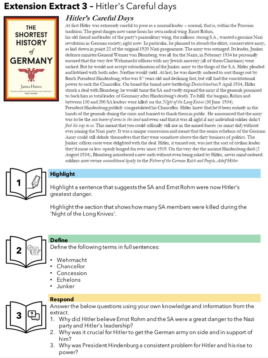mrfitzhist's tweet photo. Next set of ‘Extension Extracts’ will be going out to Y10/Y11 this week. Simple tasks that are accessible yet push all to read beyond and around what is focused on in class. Pleased with their impact so far. 📚#historyteacher https://t.co/t8RGGwOw0S