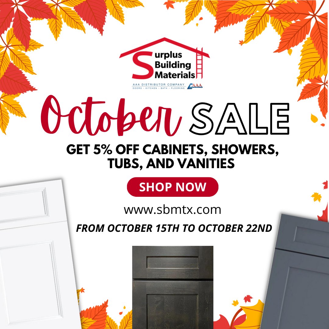 SurplusTx's tweet image. Your home's magical makeover awaits! ✨ From October 15th to October 22nd, enjoy 5% OFF on cabinets, showers, tubs, and vanities. It's time to bring your dream home to life!

🔗 Please Visit Our Website: sbmtx.com  
📲 Or Call Us At 972-241-4444