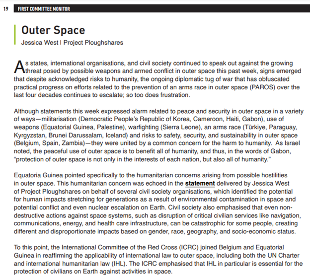 JessicaWestPhD's tweet photo. Catch up on the conclusion of general debate related to #OuterSpace and #SpaceSecurity at #FirstCommittee this week via @RCW_ ......it's jaw dropping (and stay tuned for dedicated debate on outer space next week!).

📰:https://t.co/QJxfj8BgVf https://t.co/RmIsJY45Dk