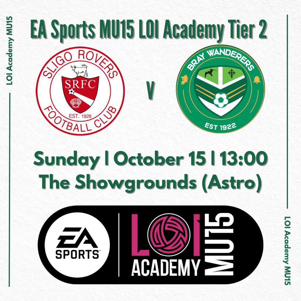 U15 EA SPORTS LOI Academy - Tier Two (North)

Full Time at the Showgrounds (Astro)

Sligo Rovers 0 Bray Wanderers 1 (Darragh Sherlock)