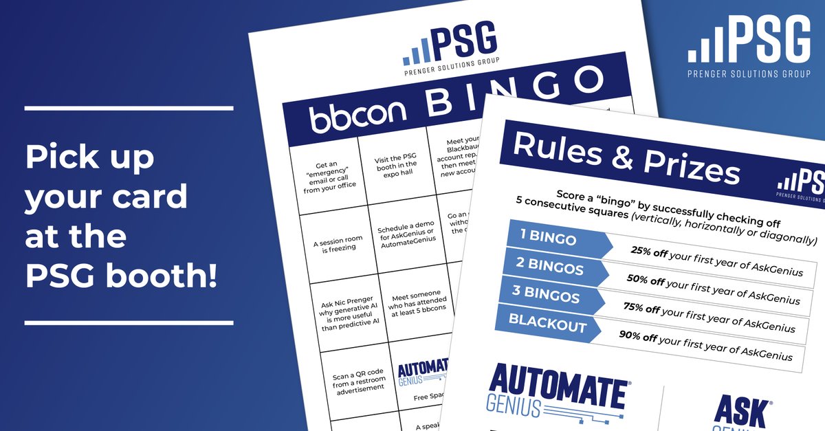 PrengerSolution's tweet photo. Heading to @blackbaud #bbcon next week? Join our BINGO challenge to win discounts on your first year of @askgenius.

Visit PSG booth to grab your card—and good luck! https://t.co/wSfdq0RfC6