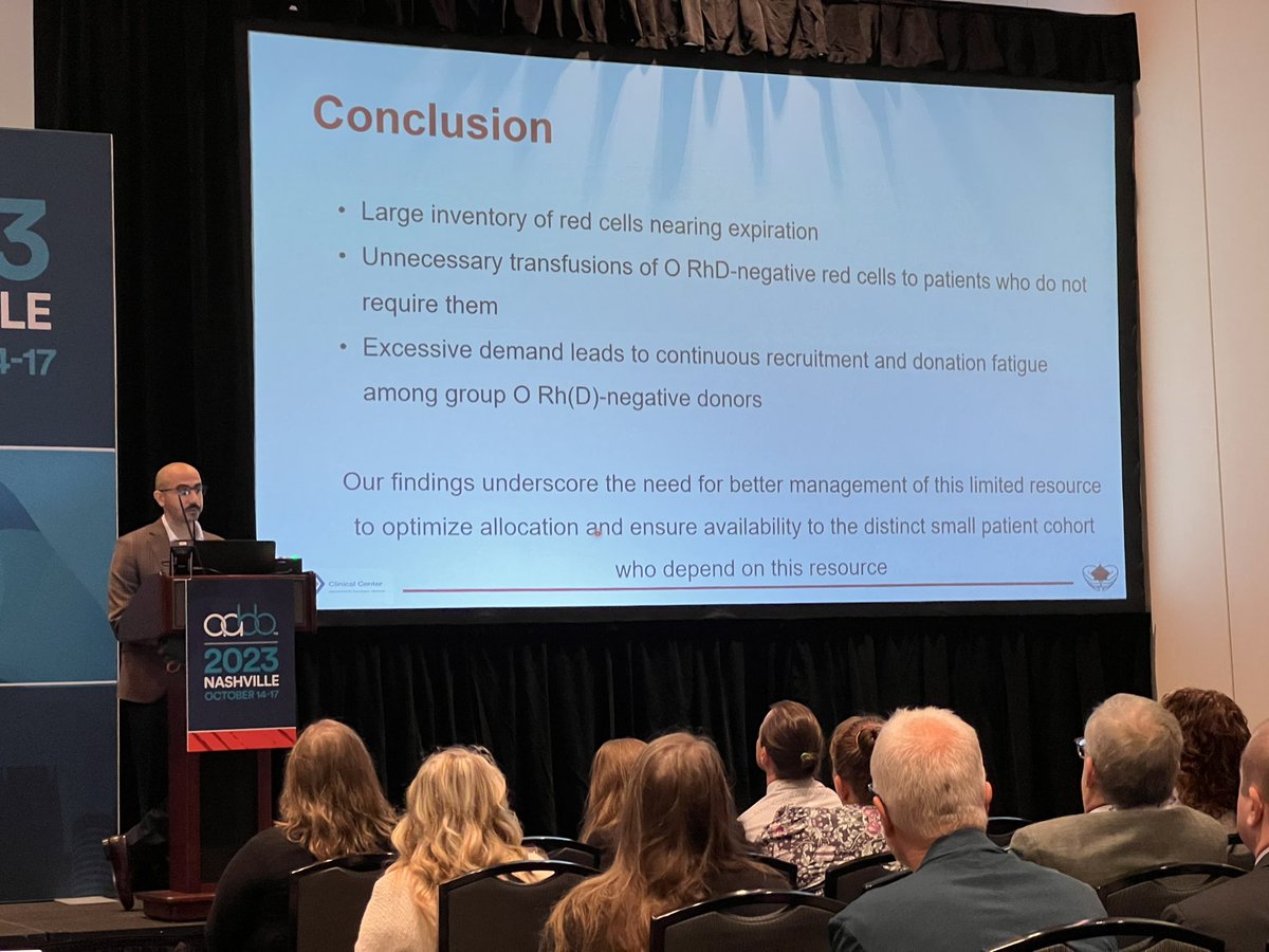 lindasongMD's tweet photo. @AlswiedPath just dropped some pretty jaw-dropping results from the #REDSIII database regarding O Rh neg RBC utilization at #AABB23. A fantastic review that should inform future #PBM and make blood banks really think about their O neg inventory management! https://t.co/RxrHu7LD2j