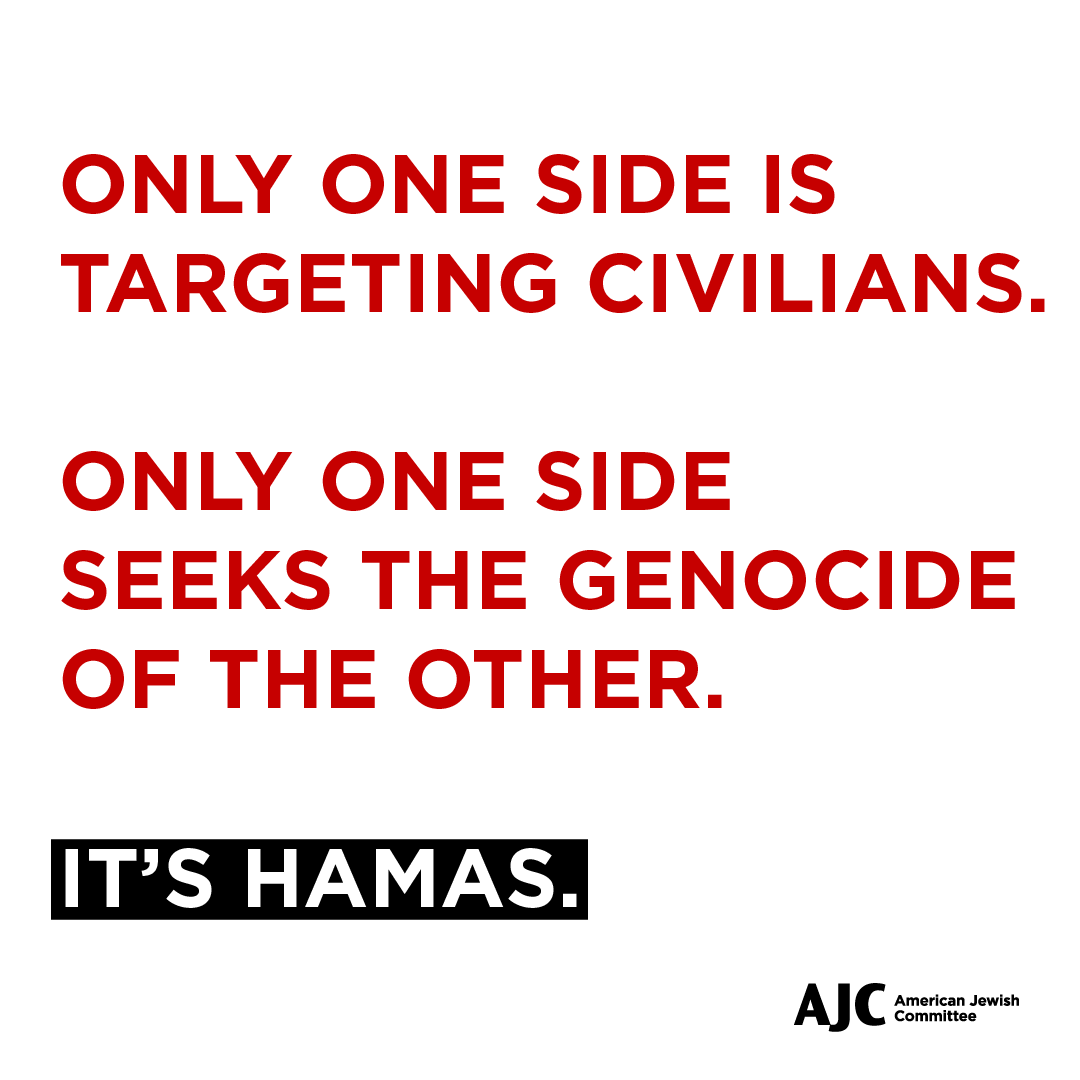 AJCGlobal's tweet photo. This is not a time for either–or. 
This is not a time for “Israel or Hamas.”
This is a time for everyone to stand on the side of what is right and on the side of humanity.
This a time to stand against terrorism. https://t.co/L5DOFFKMb4