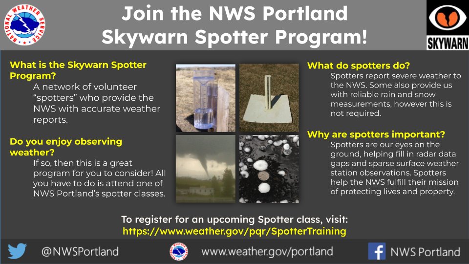 Are you interested in the NWS Skywarn Spotter program? If so, please register for our upcoming virtual Spotter class scheduled on October 21st from 4:00-6:00 PM PDT!  To register for the class, please go to weather.gov/pqr/SpotterTra…