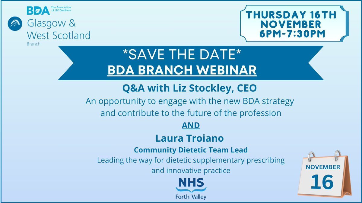 We are delighted to announce our next CPD event date. An evening webinar featuring @BDALizStockley on the new BDA Strategy (with an opportunity to provide feedback) and the pioneering topic of Dietetic Supplementary Prescribing with @RdTroiano #AdvancedPractice #WhatDietitiansDo