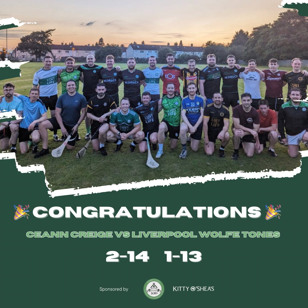 ceanncreigeclub's tweet image. Congratulations to our senior hurlers on winning the championship final 🏆Credit to @Lpoolwolfetones for putting up a brilliant fight against our senior team 💪

Fantastic result for Ceann Creige 💚🖤
Thanks to our sponsors @KittysGlasgow for their continued support!