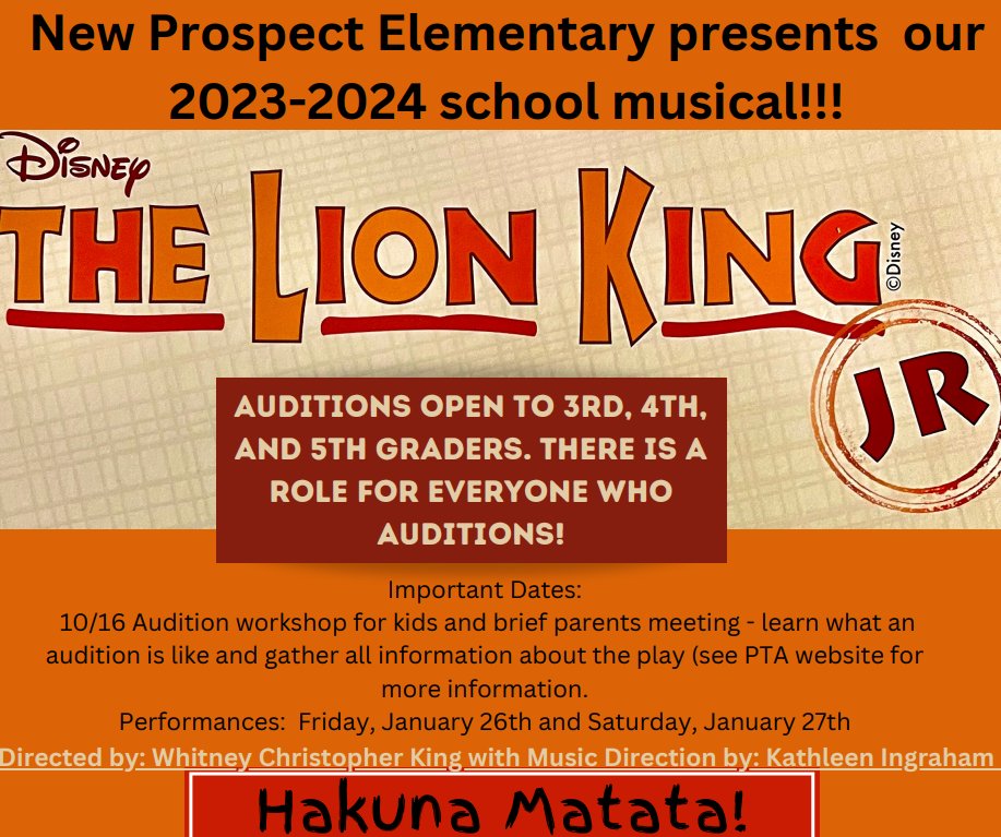 Play auditions are Wednesday and Thursday this week! 
Don't miss the preparation workshop Monday after school.  Select your student's audition slot here: signupgenius.com/go/10C0C4BADA7… 
For more information, view the official audition packet here: newprospectpta.membershiptoolkit.com/assets/02325/P…