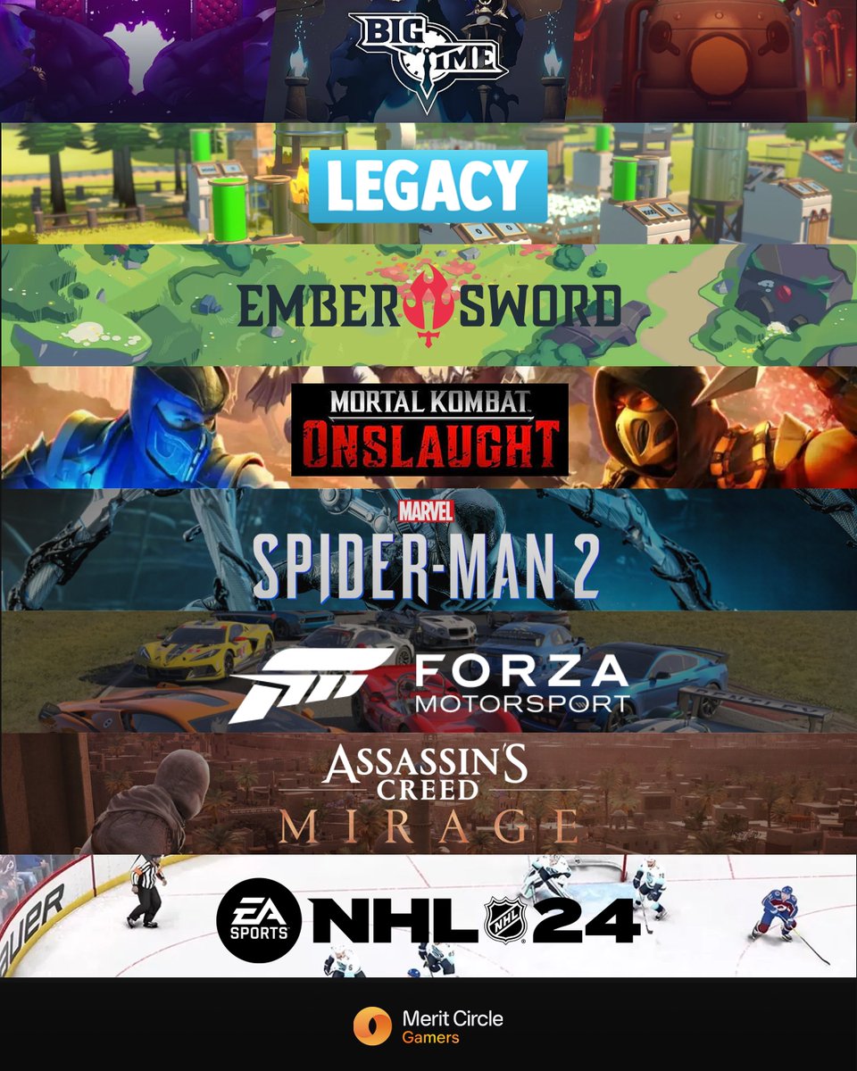 BeamGamers's tweet photo. We're well into October and we've compiled a list of games that have launched and are launching this month (along with some cool playtests)!👇

🎮 BIG TIME (Preseason) 
Free-to-play, multiplayer action dungeon-crawler RPG
PC

🎮 LEGACY 
Web3 business simulation game

🎮 EMBER SWORD (Playtest) 
Free-to-play, cross-platform MMORPG
PC

🎮 MORTAL KOMBAT: ONSLAUGHT
Action-adventure beat 'em up RPG
October 17
Android, iOS

🎮 SPIDER MAN 2
Fighting, action-adventure, platform game
October 20
PS5

🎮 FORZA MOTORSPORT
Racing game
October 10
Xbox Series X|S and PC

🎮 ASSASSIN’S CREED MIRAGE
Stealth, action-adventure game
October 5
PS5, PS4, Xbox Series X|S, Xbox One, PC

🎮 NHL 24
Sports (ice hockey)
October 6
PS5, PS4, Xbox Series X|S, Xbox One

Let us know what else we missed! 👇

Follow us for game updates, information, and awesome gaming content! Join our vibrant gaming community on https://t.co/h2xhX47ssA 🟠

#mkonslaught
#SpiderMan2
#ForzaMotorsport
#AssassinsCreed
#NHL24