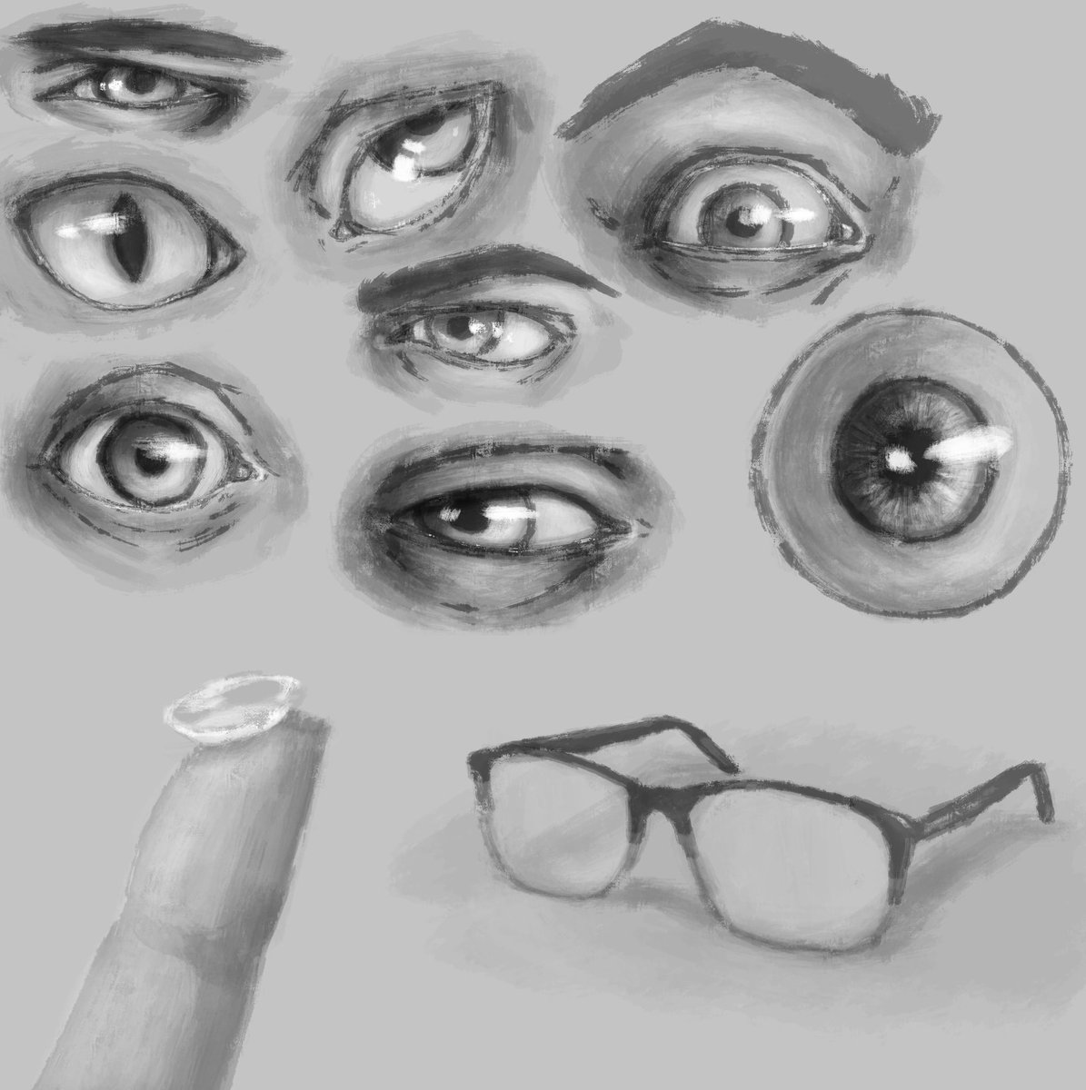 Potluck3D's tweet photo. Haven’t drawn in a while, so I did some eyes and their accessories with my mouse https://t.co/t6TX8fMKGV
