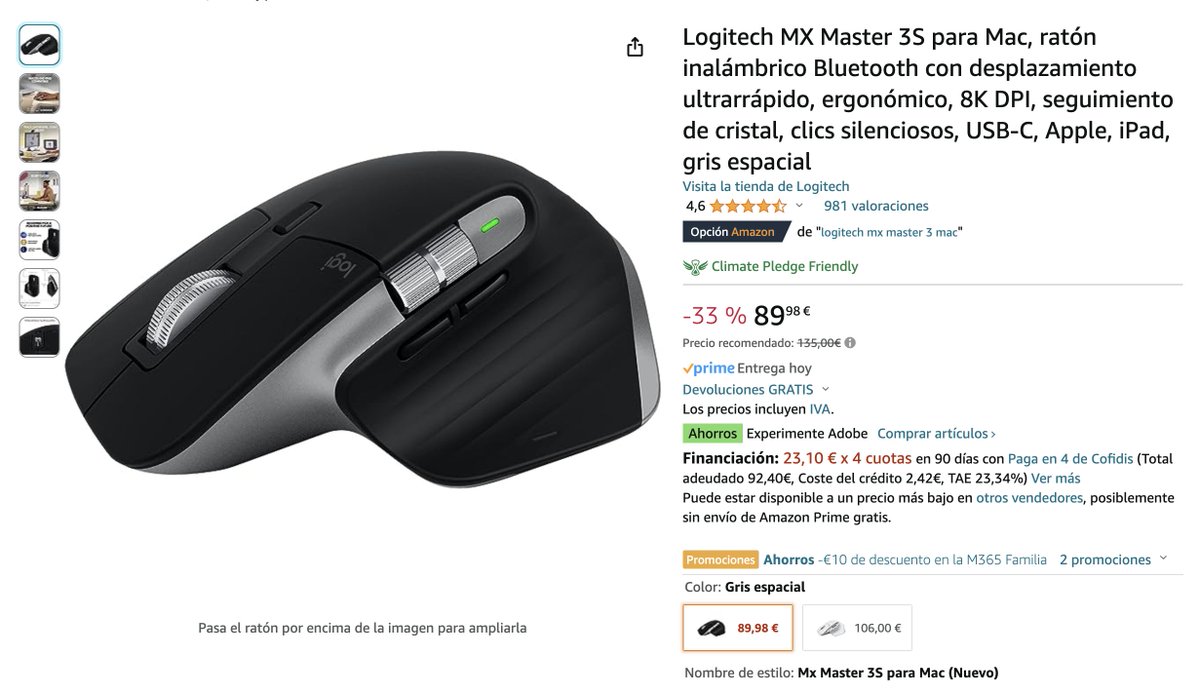 geekdegafas's tweet image. Llevo casi 2 meses usando este ratón (bueno, el mío es blanco). Es por mucho el mejor que haya tenido jamás. 100% recomendable. #LogitechMXMaster3S #Logitech 

💶 Cómpralo aquí amzn.to/3tuzQgh

⛔️ Precio recomendado 135€
📉 Ahorro del 33%
✅ Ahora 89,98€
