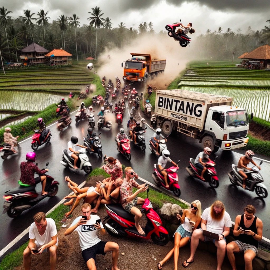 levelsio's tweet image. 🏝️ @jamespotterdev asked DALL-E 3 to visualise annoying influencers and digital nomads in Bali