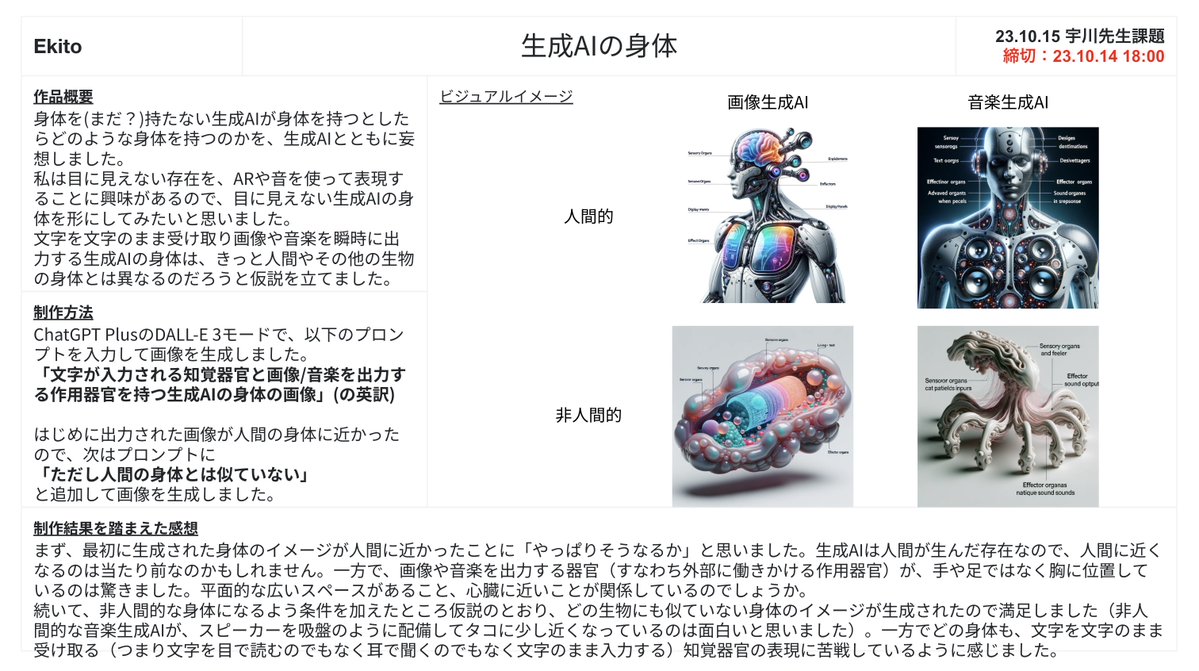 ekito_station's tweet image. #NVS23 #NEWVIEW #DOMMUNE 
講評していただけて嬉しかったです！

この身体を持つAIは音をどう扱うか
→音を粒子にして伝える、音を冷気として感じる
などなど話がSF的に広がっていって、とても面白かった。

（課題テーマ: 生成AIを用いてクロスリアリティを検討する）