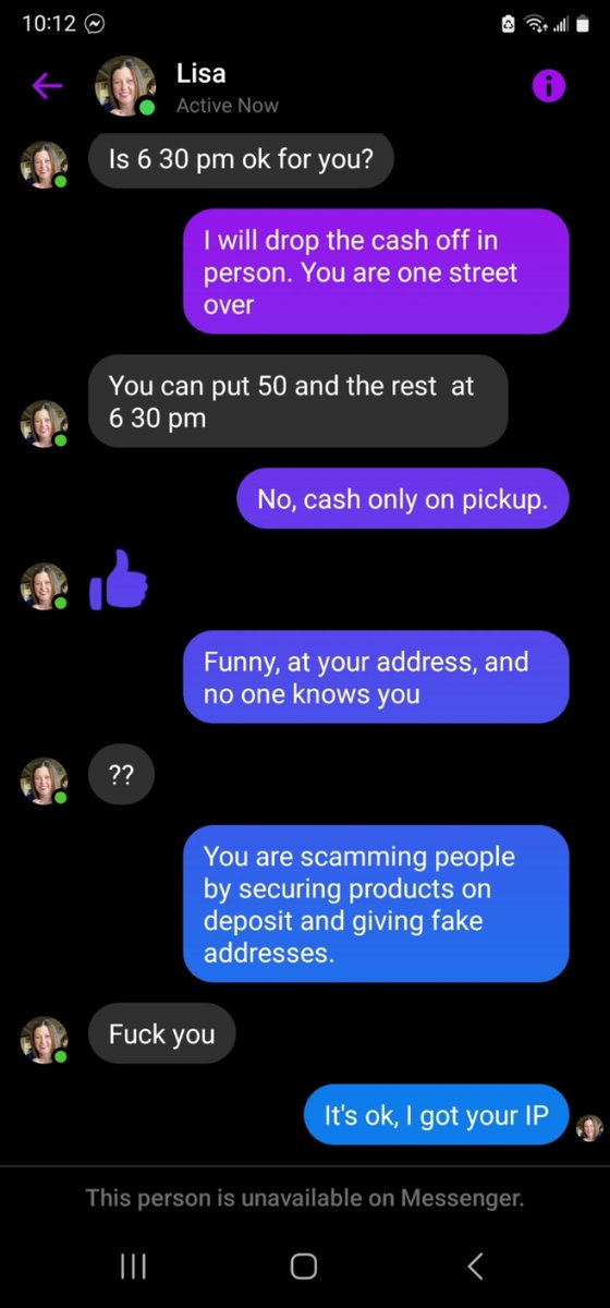 NCALLEN80's tweet photo. So a friend got scammed on Friday on Facebook Market place. So I thought I would f**k with the scammer. They did not like my response or what I did..😆
#Scammers #facebookscams #beware https://t.co/hXVWRATMnw