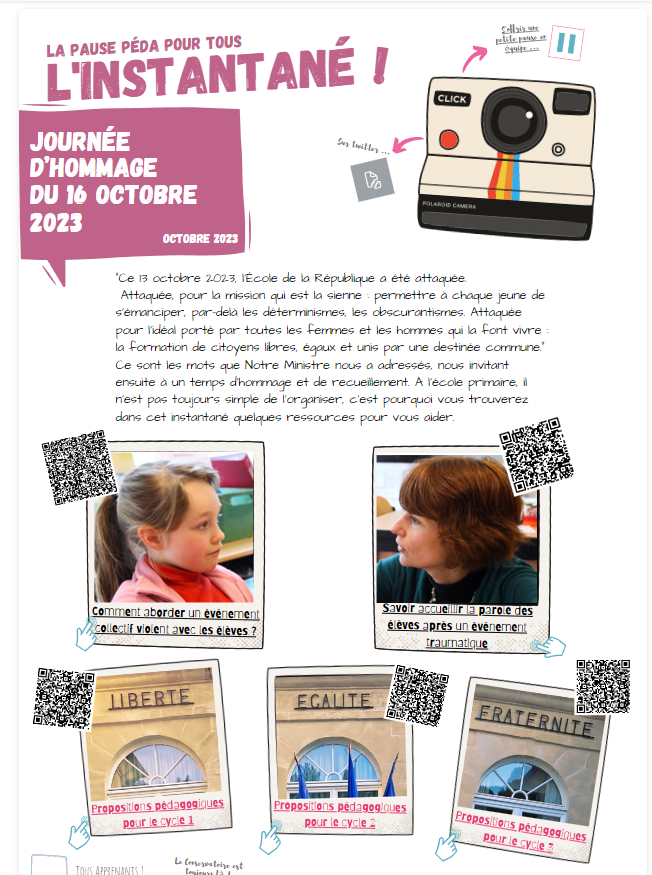 Afin  de vous aider à préparer le temps d’hommage et de recueillement de ce  lundi à 14h, vous trouverez dans cet instantané n°40, quelques  ressources pour appréhender individuellement et collectivement les  événements.
conservatoire.etab.ac-lille.fr/instantane-40-…