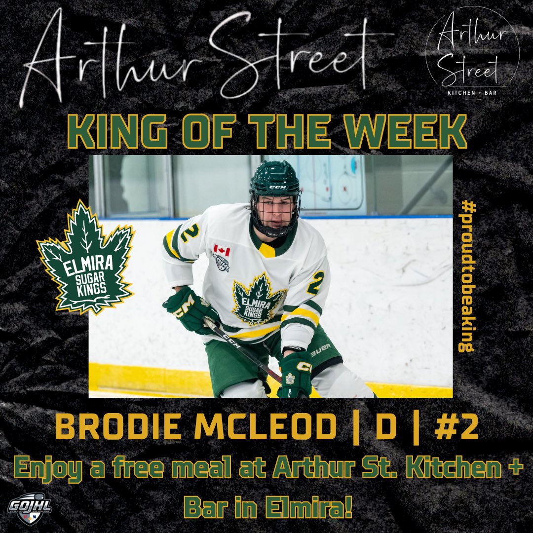 SugarKings's tweet photo. Introducing Arthur Street King of the Week! Arthur Street Kitchen + Bar in Elmira is offering a free meal to each King of the week pick! This weeks King of the Week is defensemen Brodie McLeod!
#elmirasugarkings #proudtobeaking #kingoftheweek https://t.co/XdhfX56Ebh
